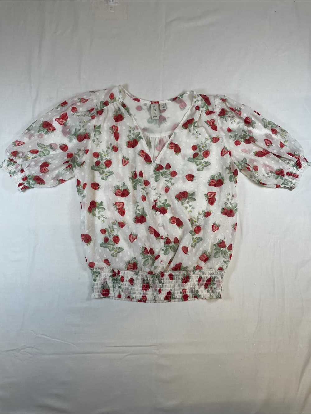Joie Strawberry Print Puff/ sheer Sleeve crop fitted waist Small